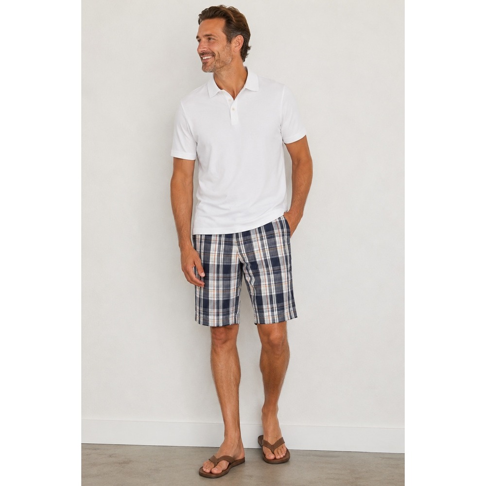 Tommy Bahama Men Plaid Cotton Silk Blend Flat Front Shorts Blue White Orange 34